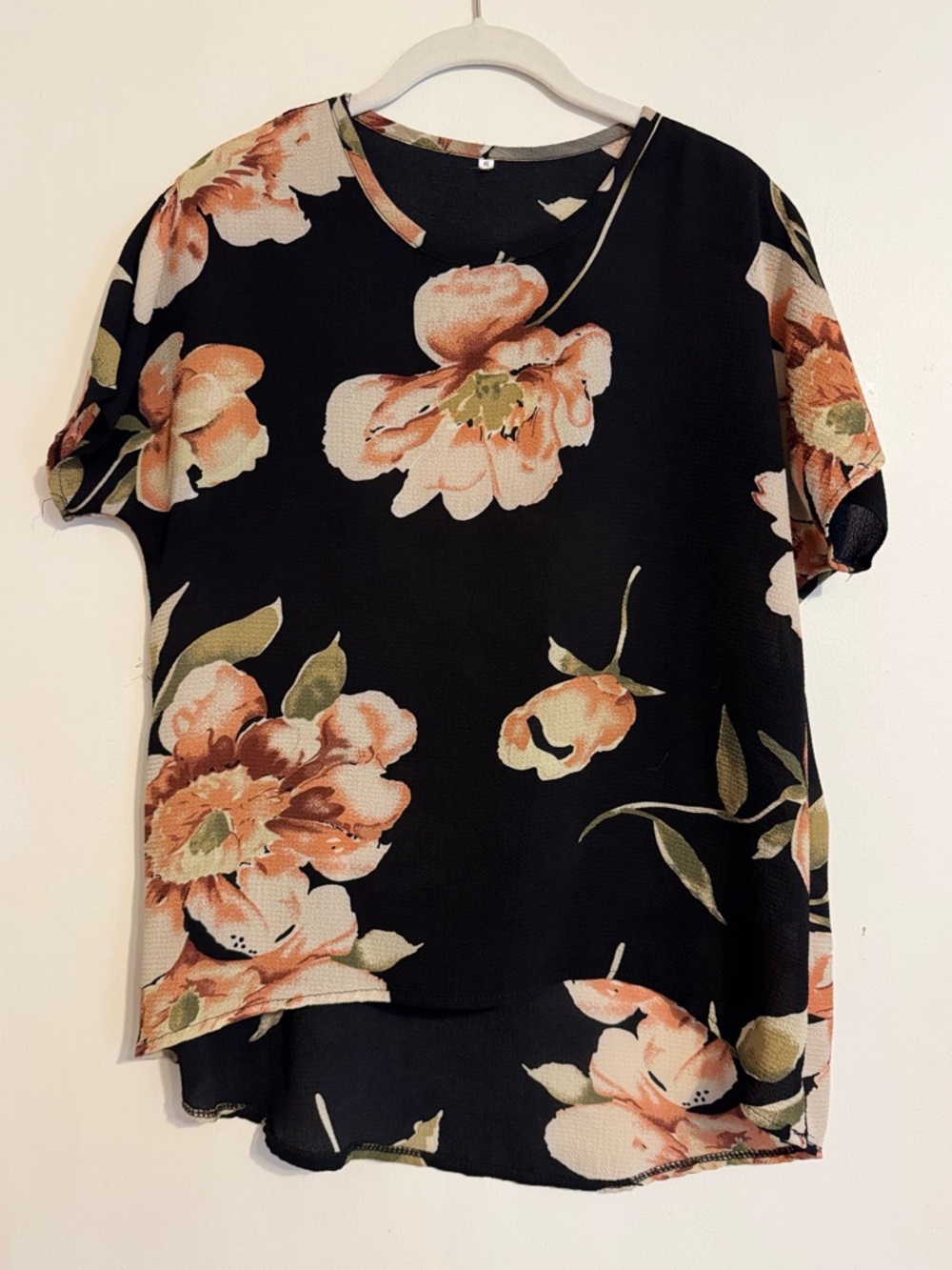SHEIN Black Short-Sleeve Floral Tee with Peach Blooms